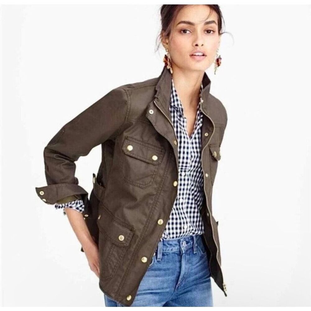 J crew wet look coated waxed military jacket green zip button